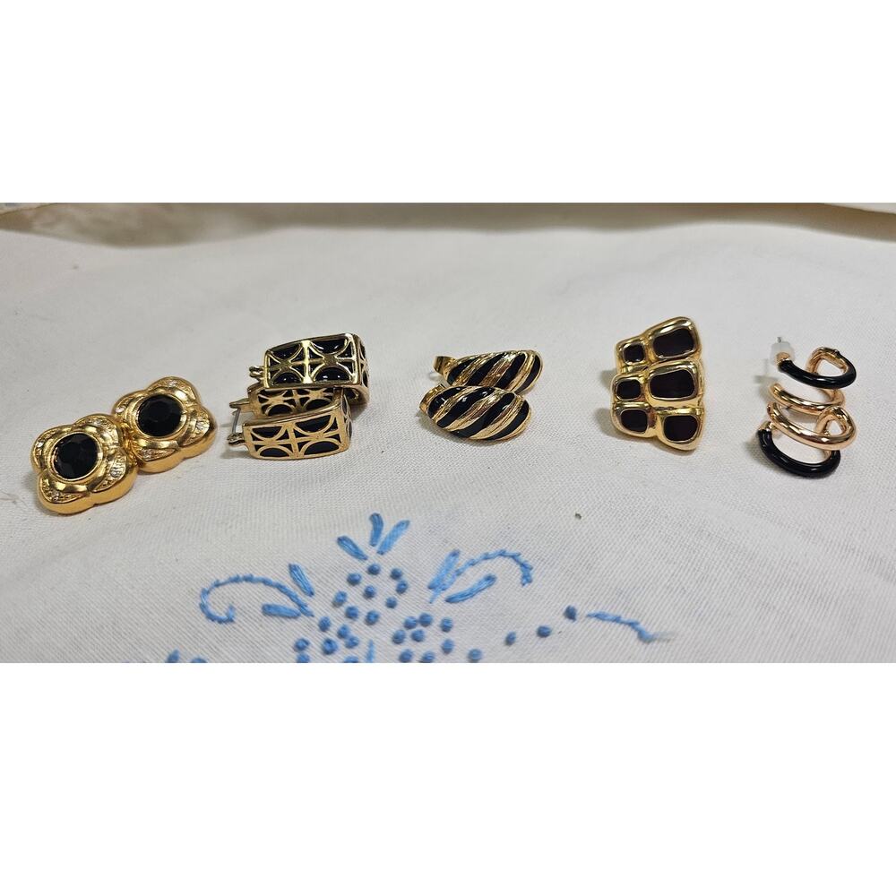 Five pair Designer Inspired Vintage Gold Tone & Black Enamel Earrings